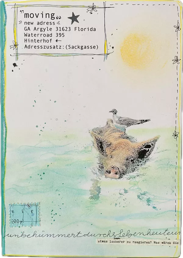 Künstler-Journal-Cover: gestaltet mit Transfertechnik: ein Schwein